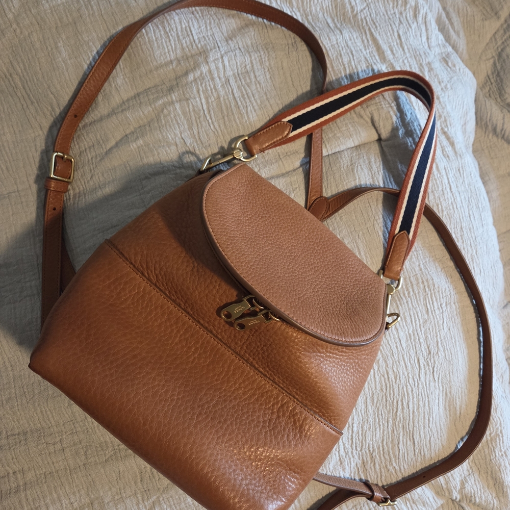 Shinola Tan Leather Backpack with Striped Straps